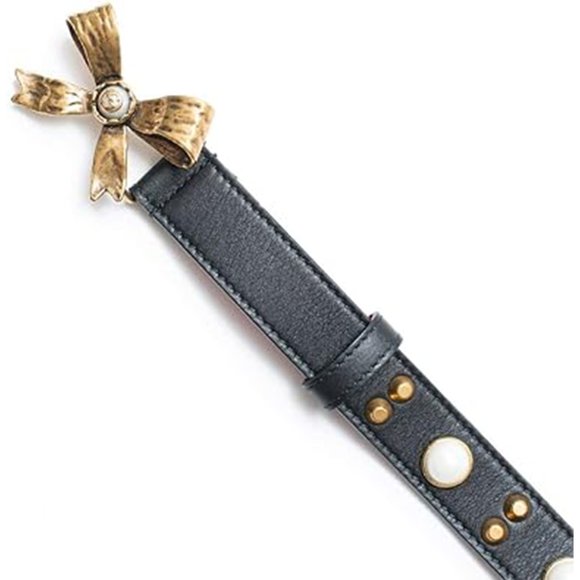 Gucci Studded Leather Belt Metal Bow Hibiscus Red Black Belt Moon Pearl NEW main image 4